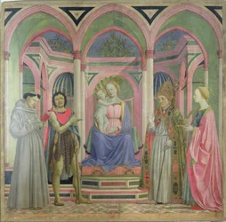 Maagd en Kind geflankeerd door St. Lucia, St. Nicolaas, St. Johannes de Doper en St. Franciscus, c.1445-47